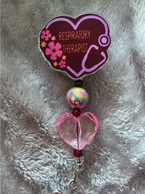 Respiratory Therapist Heart Badge Reel with Pink Heart Charm